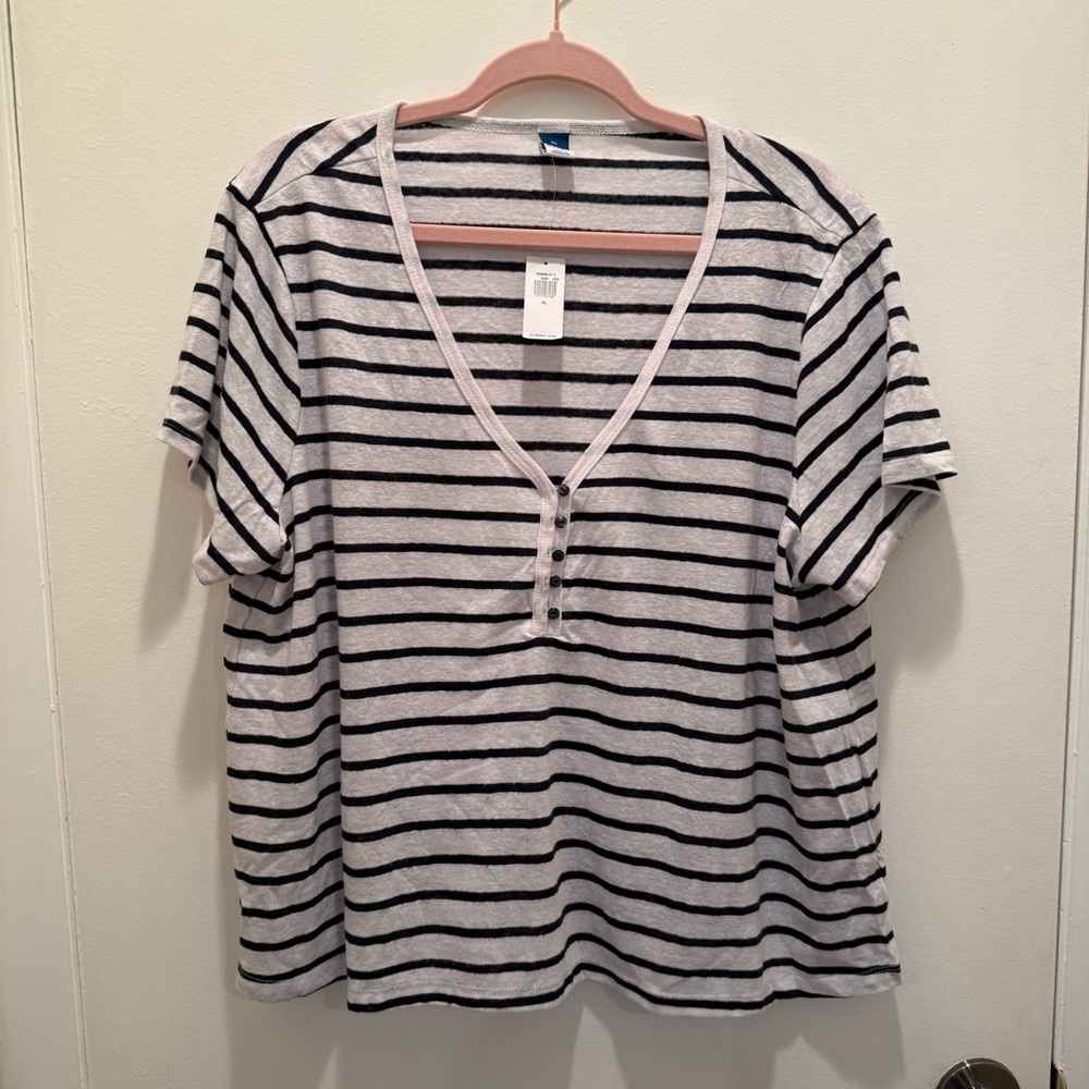 Old Navy Linen Blend Striped Henley Tee XL Navy White Short Sleeve Cropped NWT